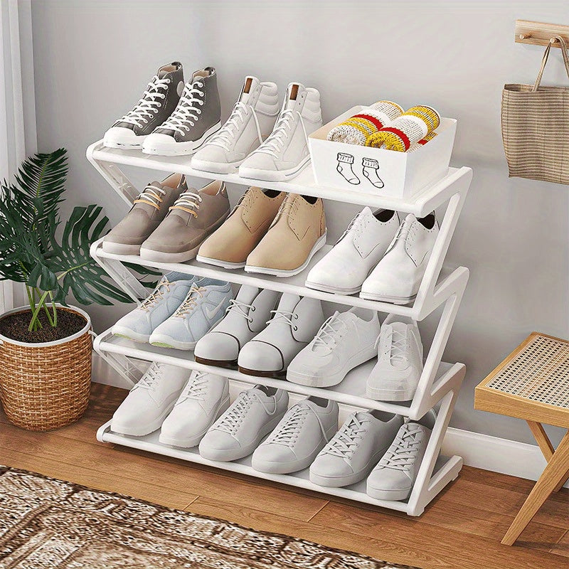 Estante de zapatos en forma de Z - Armario de zapatos plegable de plástico que ahorra espacio, fácil de ensamblar, estante de almacenamiento multifuncional de pie, adecuado para el hogar, el dormitorio, la entrada, diseño de 4 niveles, estructura sólida,