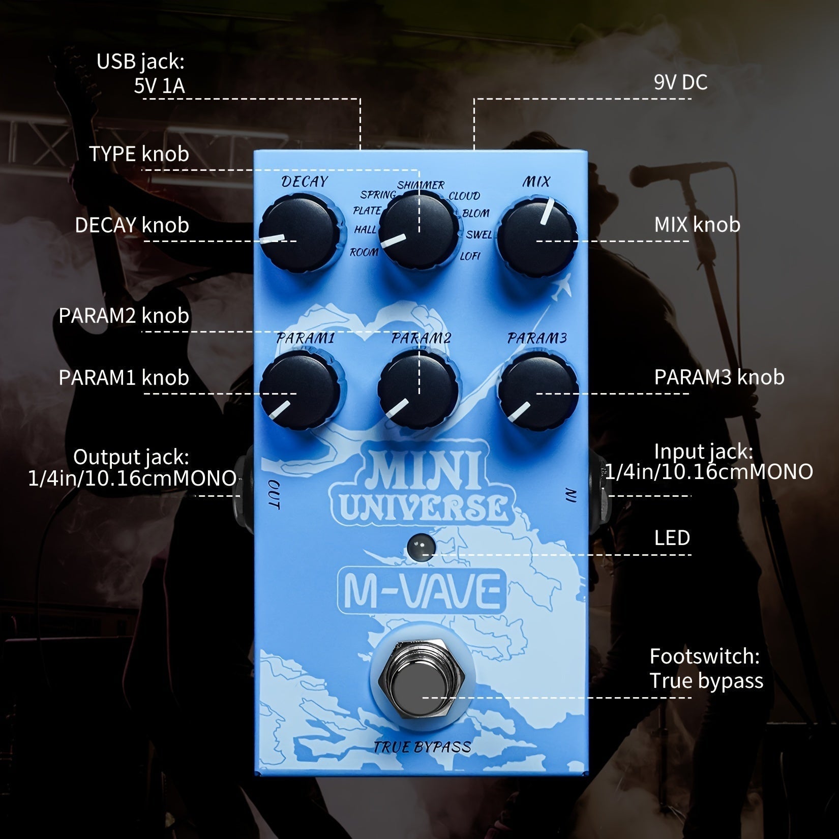 Pedal de Guitarra Eléctrica M-VAVE - Efecto de Reverb de Modelado Digital con Opción de Alimentación USB, Efecto