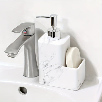 Dispensador de jabón de mármol blanco elegante con soporte de cepillo - Autónomo, no necesita electricidad, material de resina, ideal para encimeras de cocina y baño, incluye almacenamiento de almohadilla de limpieza, dispensador de jabón para baño