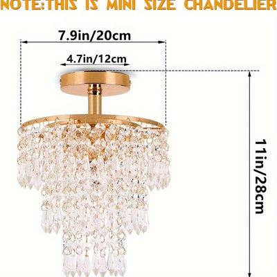 Lámpara de Techo Moderna Mini Cristal - Diseño de Gota de Lluvia de 3 Niveles, Montaje Empotrado con Acabado Dorado para Dormitorio de Niñas, Sala de Estar, Comedor - Incluye Bombilla