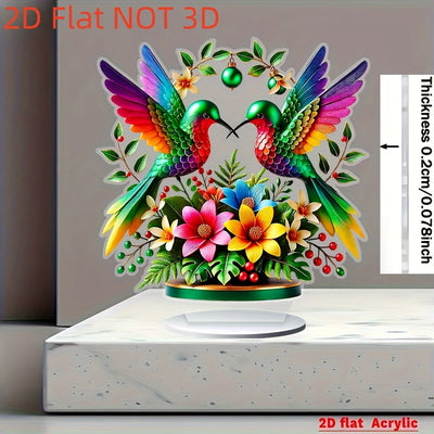 Decoración de Mesa Acrílica Plana en 2D, 1 pieza con Colibrí y Flores Vibrantes - Arte Impreso Manual en 2D, Centro de Escritorio para Oficina o Hogar sin Electricidad, Regalo Único de Navidad para Amantes de la Naturaleza, Decoración de Pájaros, 2D Plano