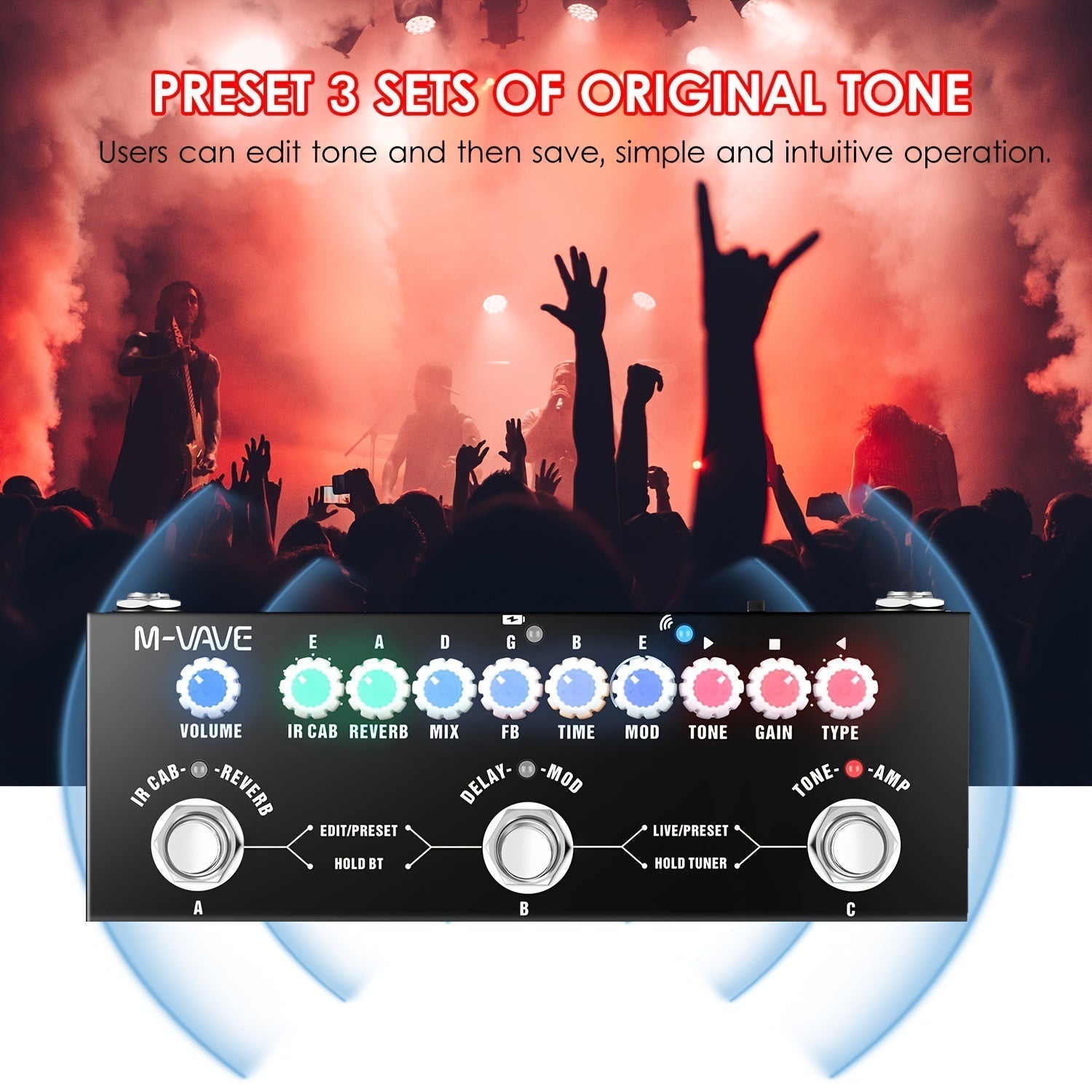 Pedal de Guitarra Portátil 3-en-1 M-VAVE - Procesador de Efectos Multifuncional Recargable por USB para Guitarras Eléctricas, Bajo y Acústicas - Construcción Duradera de Hierro con Perillas Codificadas por Colores, True Bypass y Pantalla LCD, Pedal de Mú