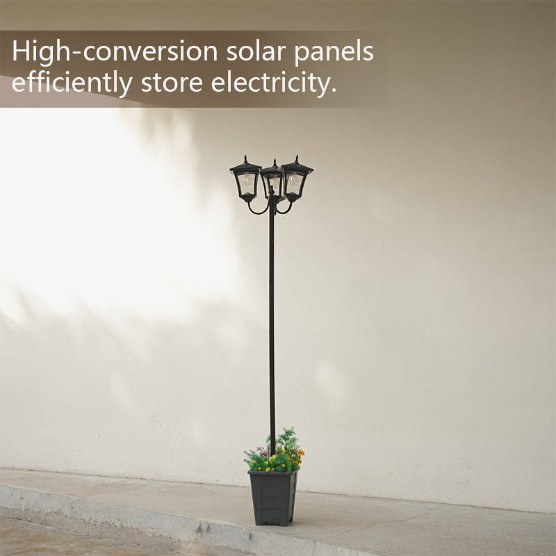 Farol Solar de Estilo Vintage de 235cm Alto con Tres Cabezas, Lámpara Decorativa para Macetas Ahorradora de Energía Primaveral, Luz de Bienvenida Exterior para Entrada, Iluminación Decorativa para Jardín, Farola Pequeña para Parques y Restaurantes con Ma