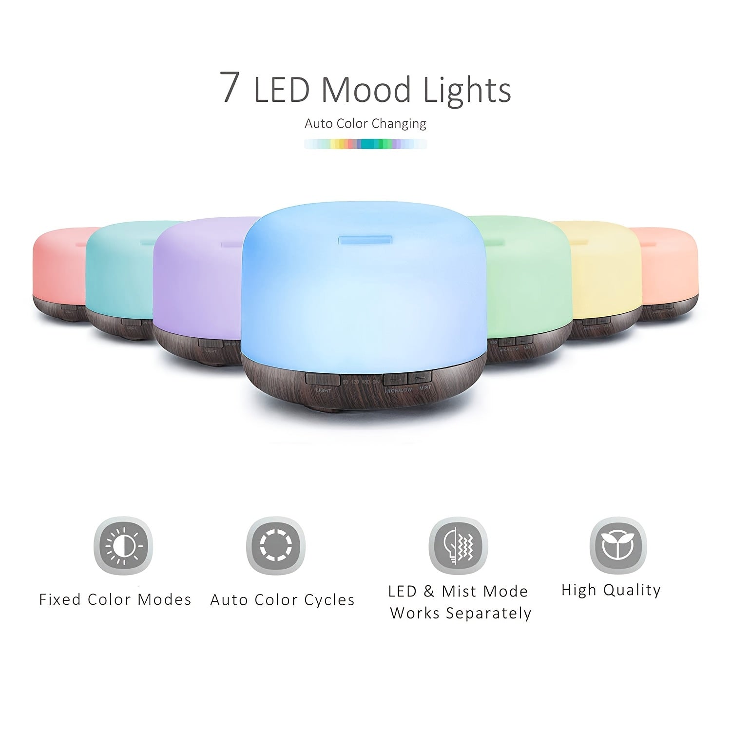 1pc Difusor de Aromas 500ml Humidificador de Aire Diseño Simple Luces LED de 7 Colores y Luz Cálida Función Auto-Off Sin Agua Rociado Continuo Operación Silenciosa para Sala Hotel Dormitorio