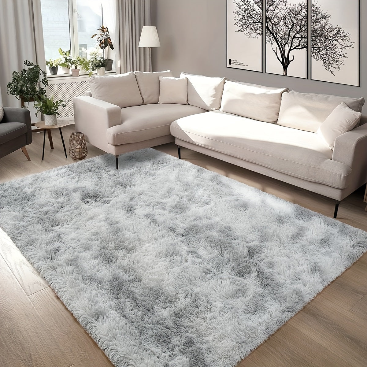 1pc Alfombra de felpa de cachemira sintética teñida de gris claro, alfombra de suelo grande suave y cómoda, alfombra cuadrada de limpieza en seco para sala de estar y sofá, alfombra duradera y que no se desprende para los lados de la cama del dormitorio