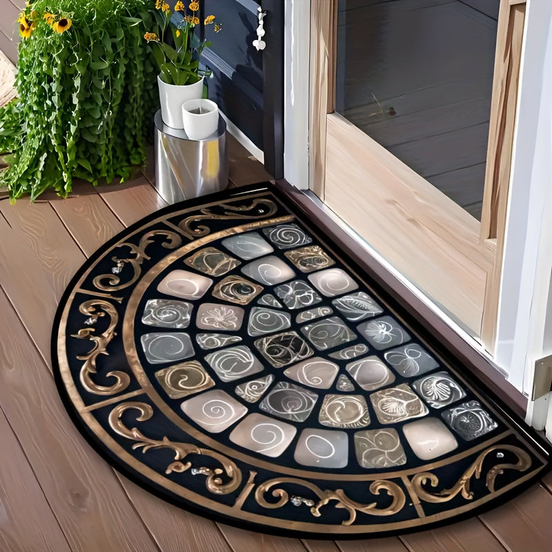 Tapete de bienvenida semicircular elegante - Ligero, lavable a máquina, diseño vintage con estampado de cristal y patrones florales y geométricos, ideal para entrada, cocina o baño, tapete de baño | Diseño floral geométrico | Tapete duradero para bienven