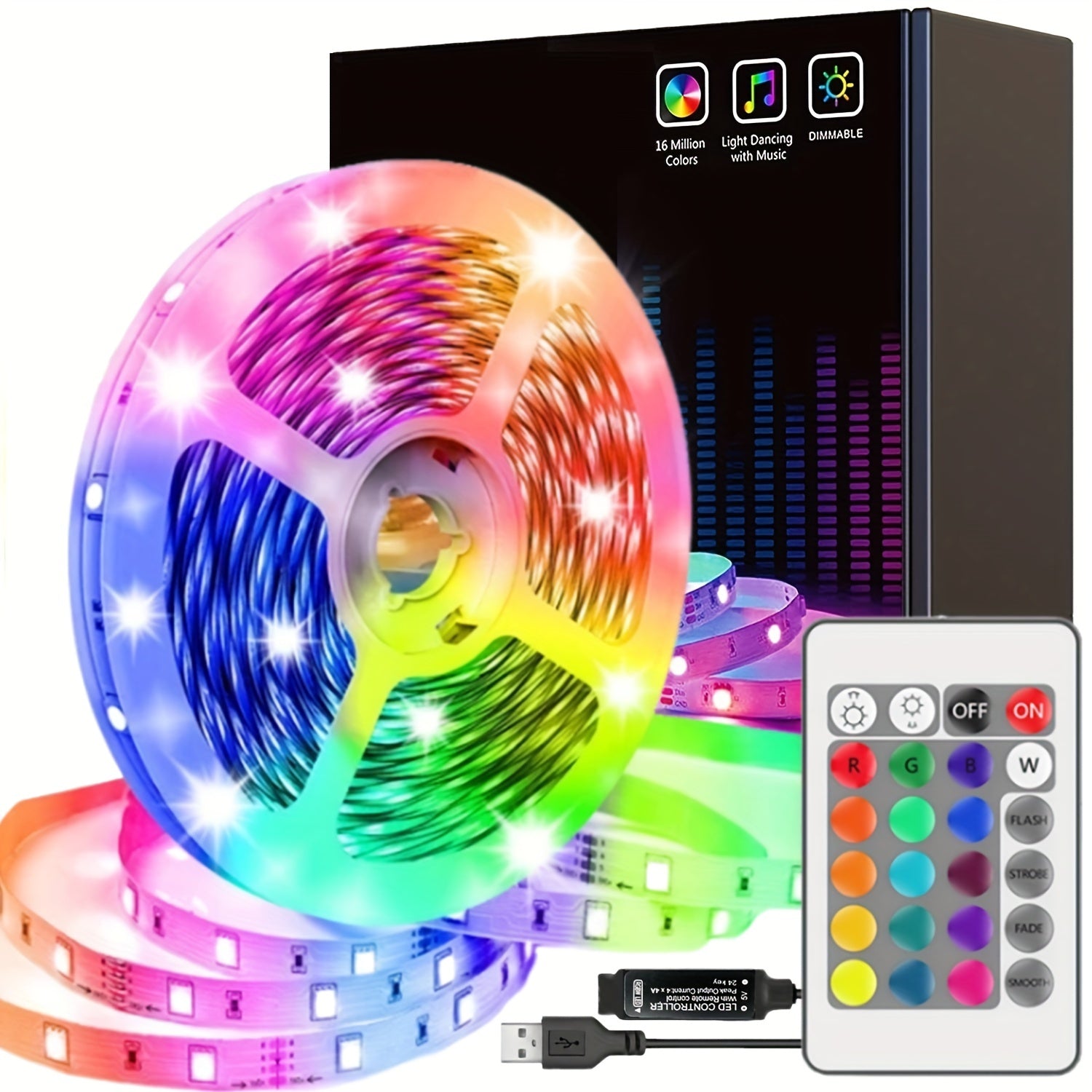 1pc Tira de luces LED RGB con mando a distancia, iluminación de cinta flexible alimentada por USB, control infrarrojo, montaje en pared y escritorio, cambio de color, control de tecla, cubierta de luz de vidrio, batería de botón no recargable, para decor