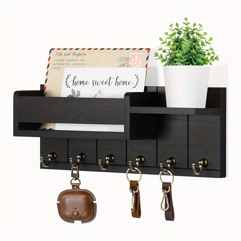 Portallaves de pared de madera rústica con organizador de correo y bandeja - Fácil instalación, decoración de granja para sala de estar, cocina, pasillo - Ganchos de pared para llaves y accesorios