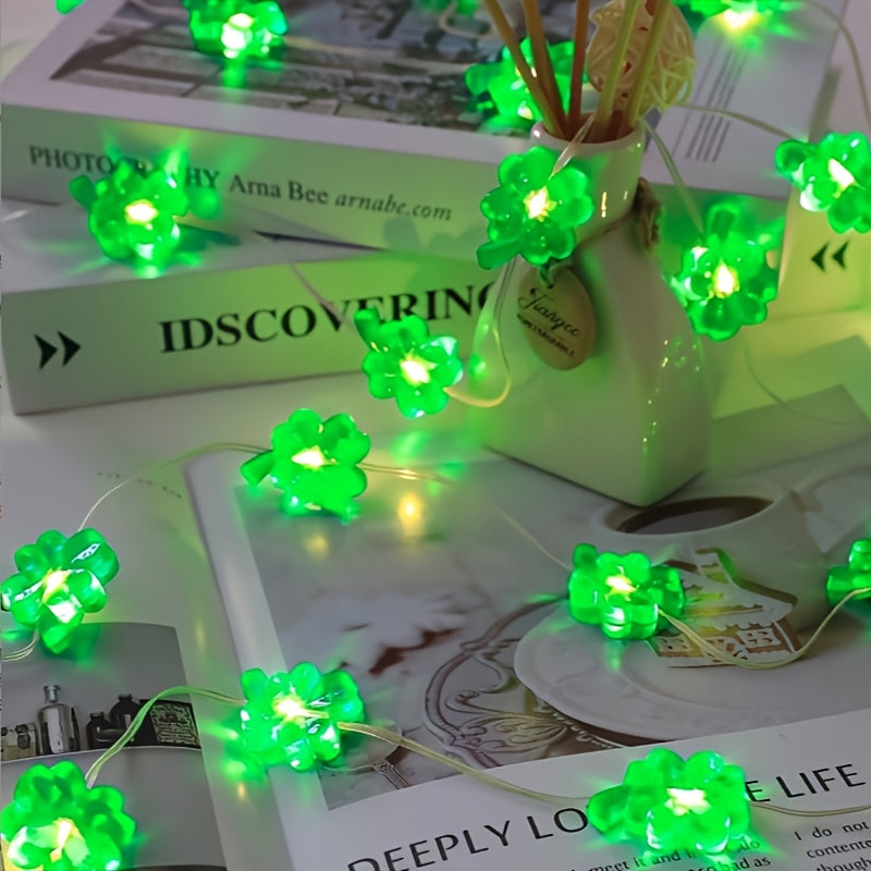 1 juego de luces LED verdes en forma de trébol de cuatro hojas para el Día de San Patricio, adecuadas para carnaval irlandés, fiestas, dormitorio, Día de la Madre, días festivos, decoración interior con cuerdas luminosas, alimentado por caja de baterías,