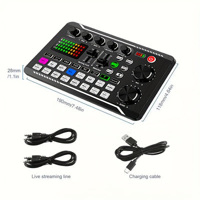 Tarjeta de sonido en vivo con interfaz de audio USB, efectos de mezclador DJ y cambiador de voz - Batería de litio recargable, equipo de estudio portátil para streaming, podcasting y gaming (Negro), Equipo para podcasting | Mezclador de audio moderno | T