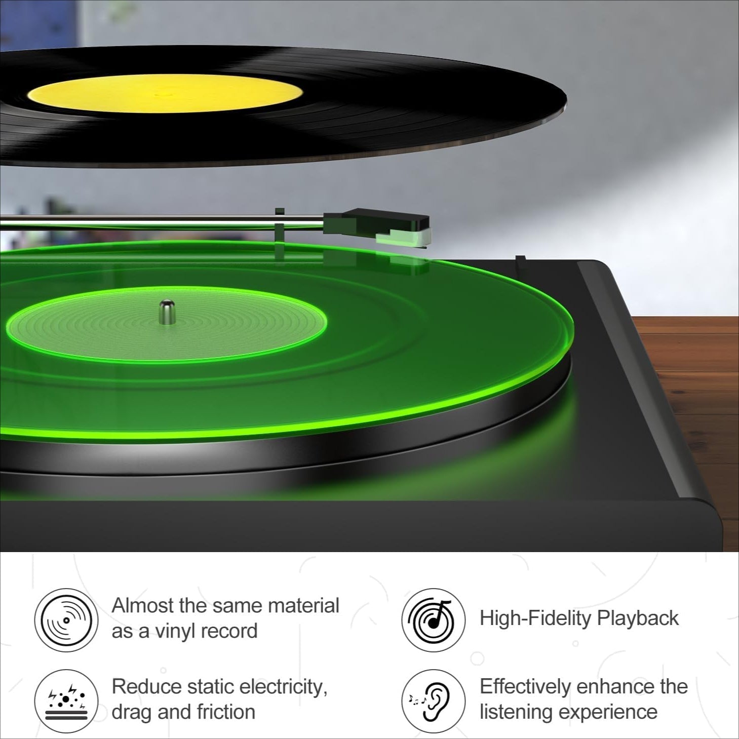 Tapete Giratorio de Acrílico Greenlit - Alfombrilla Antiestática Transparente para Vinilos con Mejora en Calidad de Sonido, Bajos Más Definidos y Fuertes, Actualización Estética Moderna para Coleccionistas de Vinilos, Accesorio de Audio Elegante, Equipo