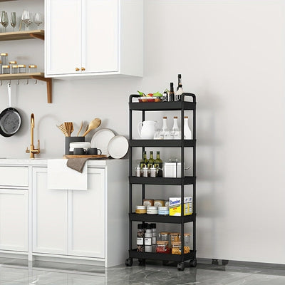 Un versátil carrito de almacenamiento de cinco niveles en blanco/negro, adecuado para organizar baños, refrigerios de cocina, almacenamiento de dormitorios y organización de juguetes, fácilmente movible y portátil.