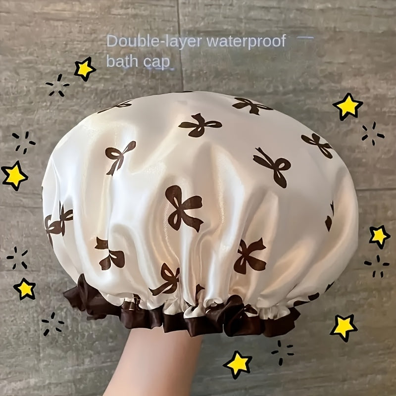 1 gorro de baño doble capa para mujer, reutilizable, con estampado floral y bordes con volantes, ideal para spa y salón, accesorios para baño, accesorios para ducha | Gorro con estampado floral | Diseño de doble capa