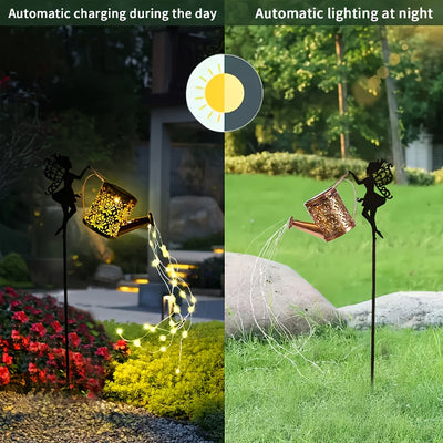 1 Luz solar para jardín con aspersor y luces LED, decoración metálica exterior ideal para césped, patio y fiestas, regalo perfecto para mamá, vecinos y amigos