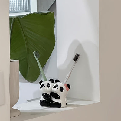 Soporte para Cepillos de Dientes de Cerámica con Diseño de Pandas Lindos, Almacenamiento Ultrasmooth Horneado a Alta Temperatura Sin Taladro para Parejas, Regalo Perfecto Adecuado para la Decoración del Baño