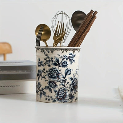 Juego de porta utensilios de cerámica de estilo europeo para cocina - Set decorativo de diseño floral para cubiertos, cuchillos, tenedores, cucharas y palillos organizadores