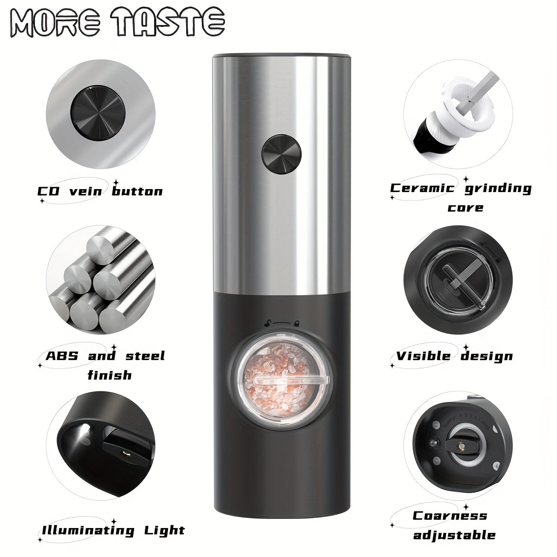 SET DE MOLINILLOS ELÉCTRICOS PARA SAL Y PIMIENTA MORE TASTE 2 piezas, Saleros y Pimenteros Recargables con Grano Ajustable, Operación con Una Mano y Luz LED, Acero Inoxidable