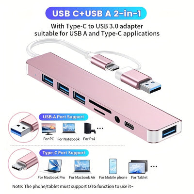 Puente USB multifuncional 8 en 1, puente USB para computadora, puente USB C, lector de tarjetas TF/SD, salida de audio de 3,5 mm, compatible con MacBook Pro/para for ipad Pro/HP Aluminio 4 puertos USB Transferencia de datos