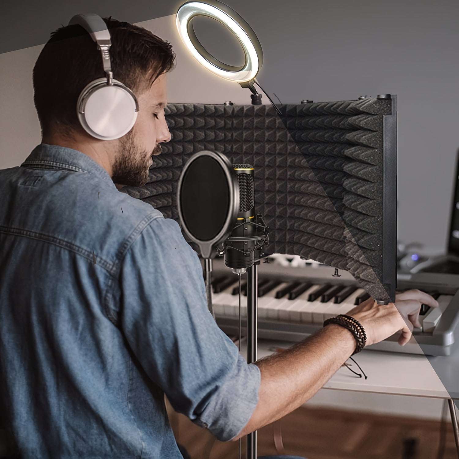 Kit de micrófono de estudio GELEAFMIC con filtro antipop, soporte de trípode de altura ajustable y luz LED, pantalla acústica plegable para grabación, podcasting, transmisión en vivo, canto e instrumentos - Negro