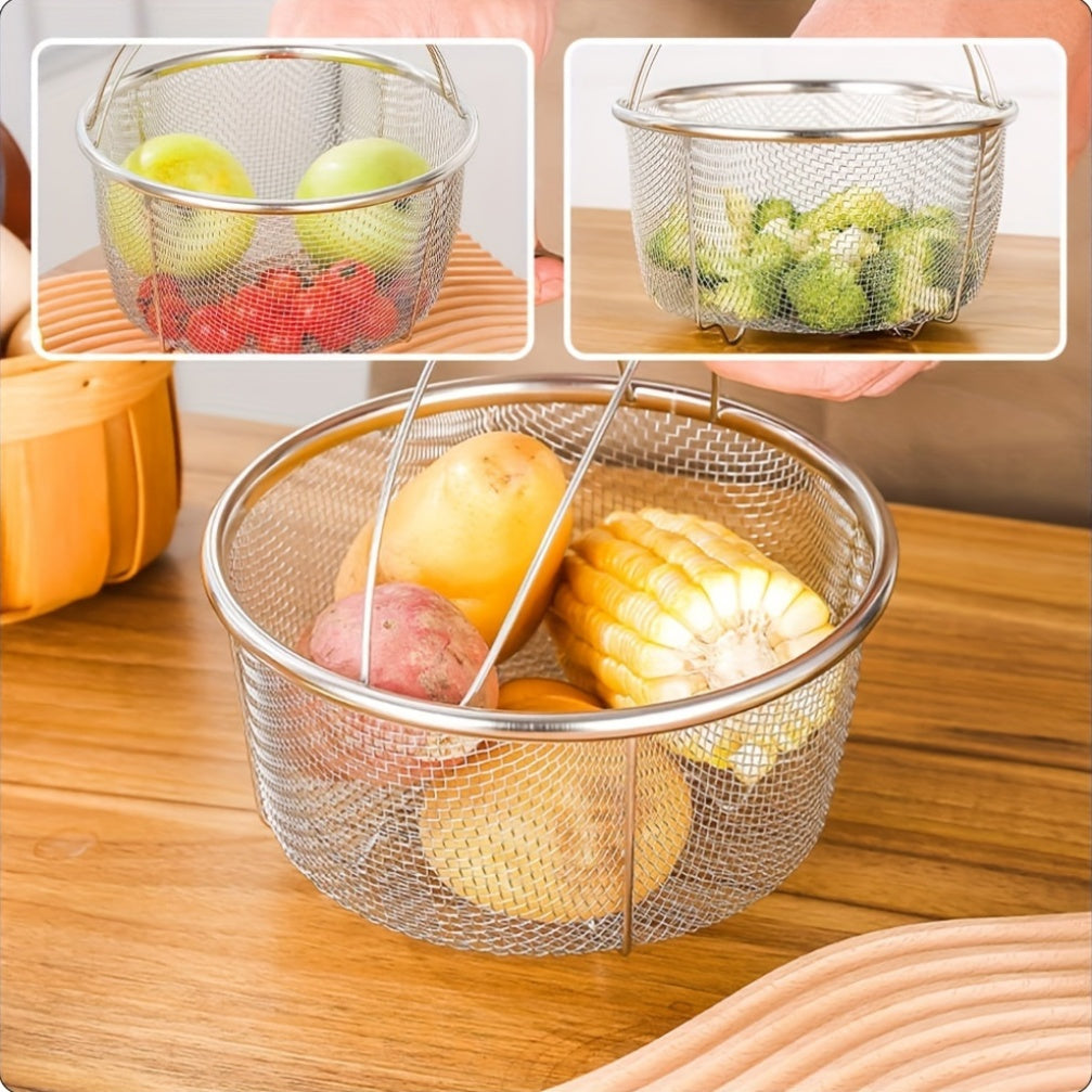 1pc Cesta de malla de acero inoxidable con asa, inserto de vaporizador multifuncional para olla, colador versátil para freír, hervir, cocinar al vapor, con diseño de prevención de escaldaduras, para verduras, mariscos