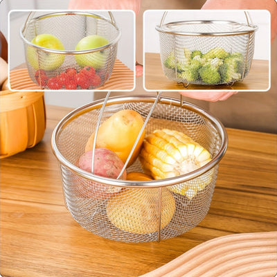 1pc Cesta de malla de acero inoxidable con asa, inserto de vaporizador multifuncional para olla, colador versátil para freír, hervir, cocinar al vapor, con diseño de prevención de escaldaduras, para verduras, mariscos