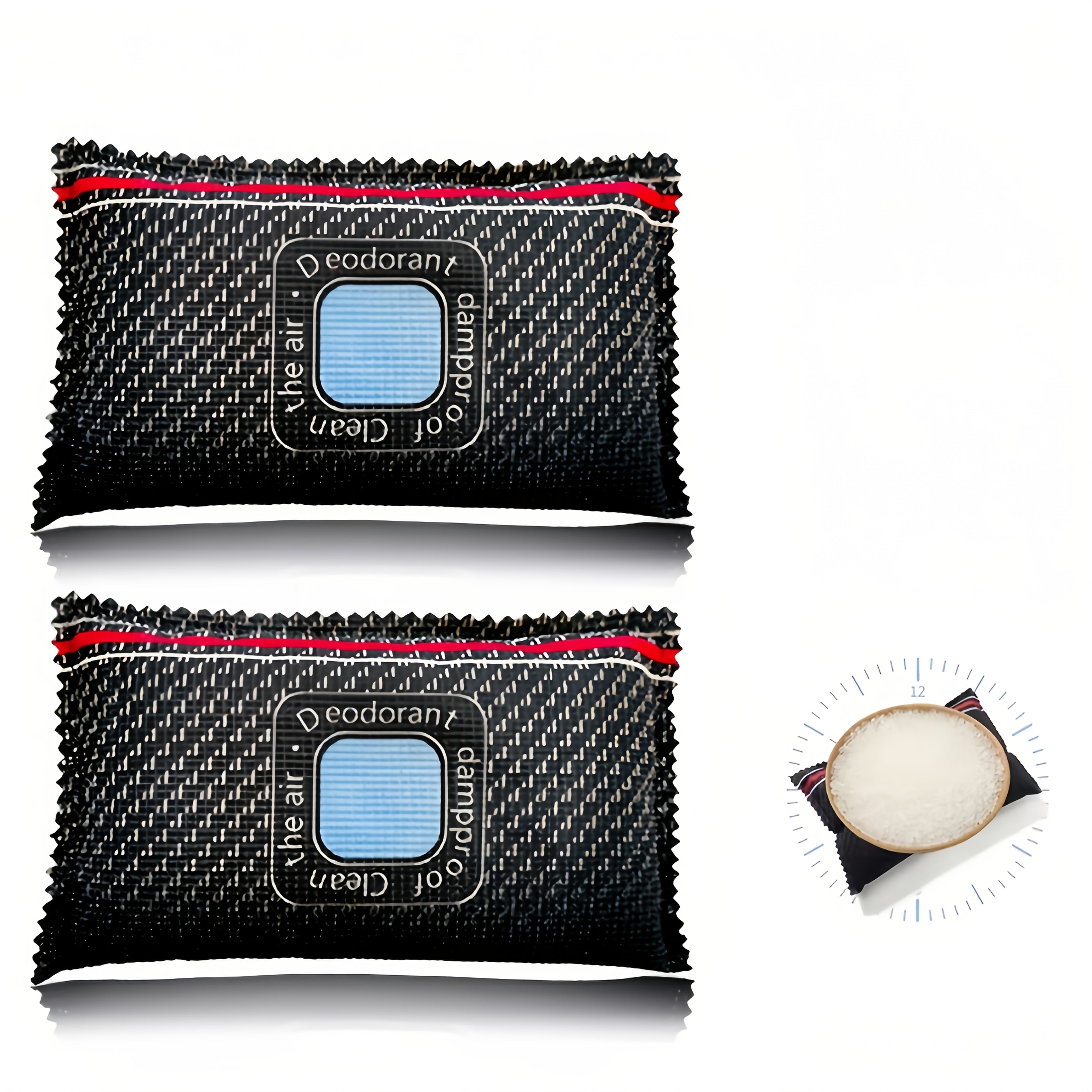 2pcs Bolsas Desecantes de Silicona con Ventana Indicadora de Cambio de Color - Paquetes Deshumidificadores para Coche que Eliminan Olores y Absorben Humedad, Negros con Detalles en Azul y Rojo