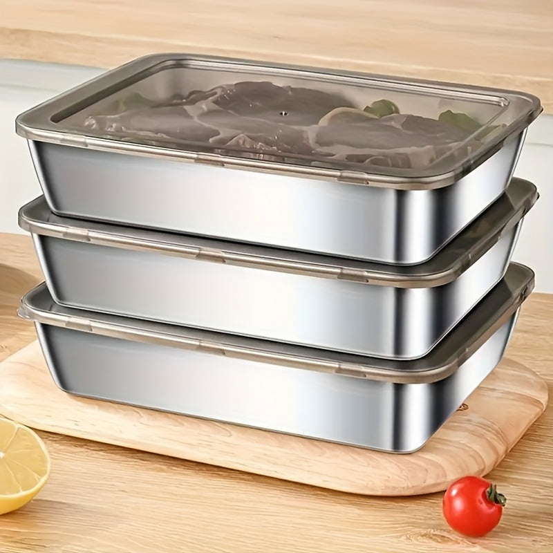 Juego de 3/4 Piezas de Recipientes para Almacenamiento de Alimentos de Acero Inoxidable con Sello Antifugas - Apto para Microondas y Refrigerador | Libre de BPA e Irrompible | Contenedores Multiusos con Tapa Abatible para Cocina, Despensa u Oficina