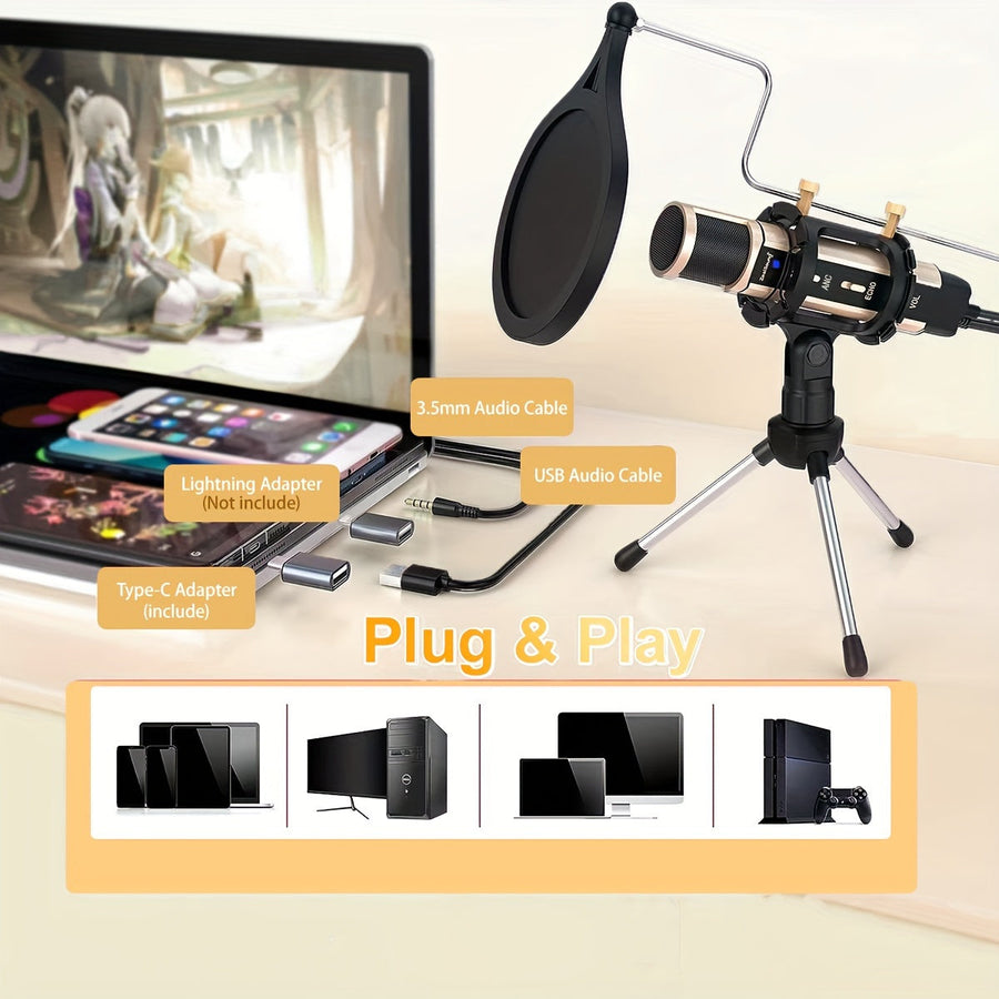 ZealSound Micrófono USB Plug and Play para Teléfono y PC con Soporte, Interfaz 3.5mm + Adaptador Tipo-C, Cancelación de Ruido, Silencio, Monitor, Trípode, Filtro Pop, Tarjeta de Sonido Integrada, Grabación de Eco, Canto y Transmisión en Vivo ASMR