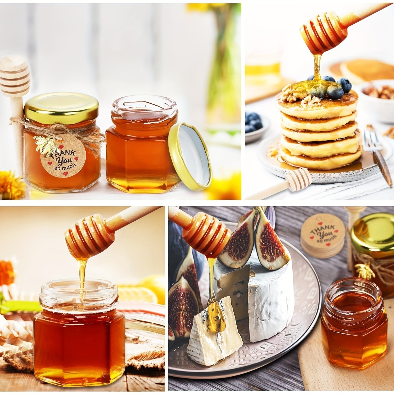 Tarros de Miel de Vidrio Hexagonal Miniatura de 1.5 Onzas, Disponibles en Conjuntos de 20, 30, 50 o 60, Incluyen una Cuchara, Símbolo de Abeja y Tarjeta de Agradecimiento - Tarros con Tapa Dorada, Perfectos para Regalos de Bebé, Bodas y Fiestas.
