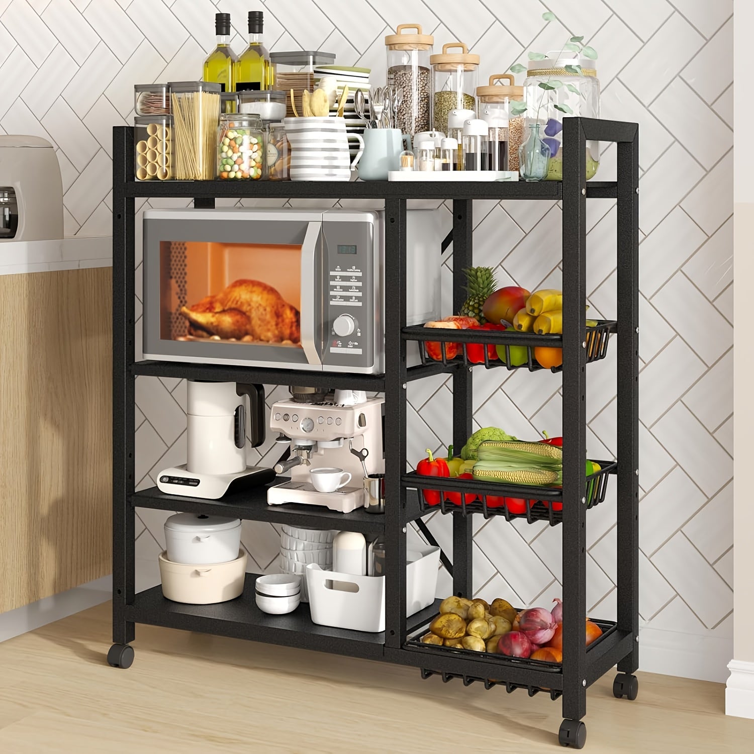 Estantería de cocina ajustable de 4 niveles con almacenamiento móvil y 3 cestas metálicas. Ideal para garajes, armarios, baños y gabinetes de pared. Regalo perfecto para inauguración de casa o organizador nuevo
