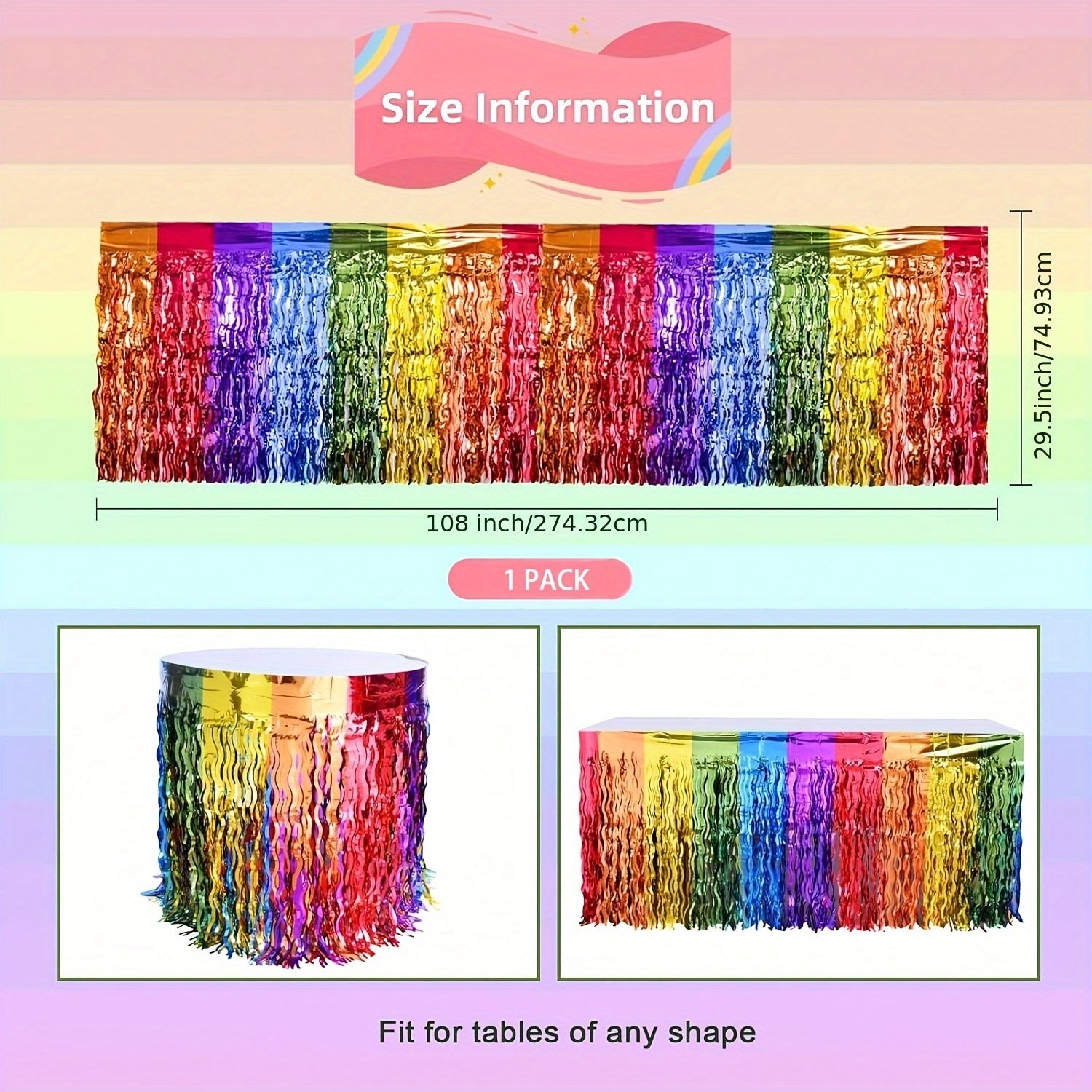 1pc Falda de Mesa con Ribete Metálico Arcoíris - Decoración Multicolor Plástica Rectangular para Cumpleaños, Bodas, Baby Showers y Fiestas Navideñas - Mantel Duradero con Diseño Fácil de Limpiar, Estilo Festivo, Superficie Reflectante, Ideal para Celebra