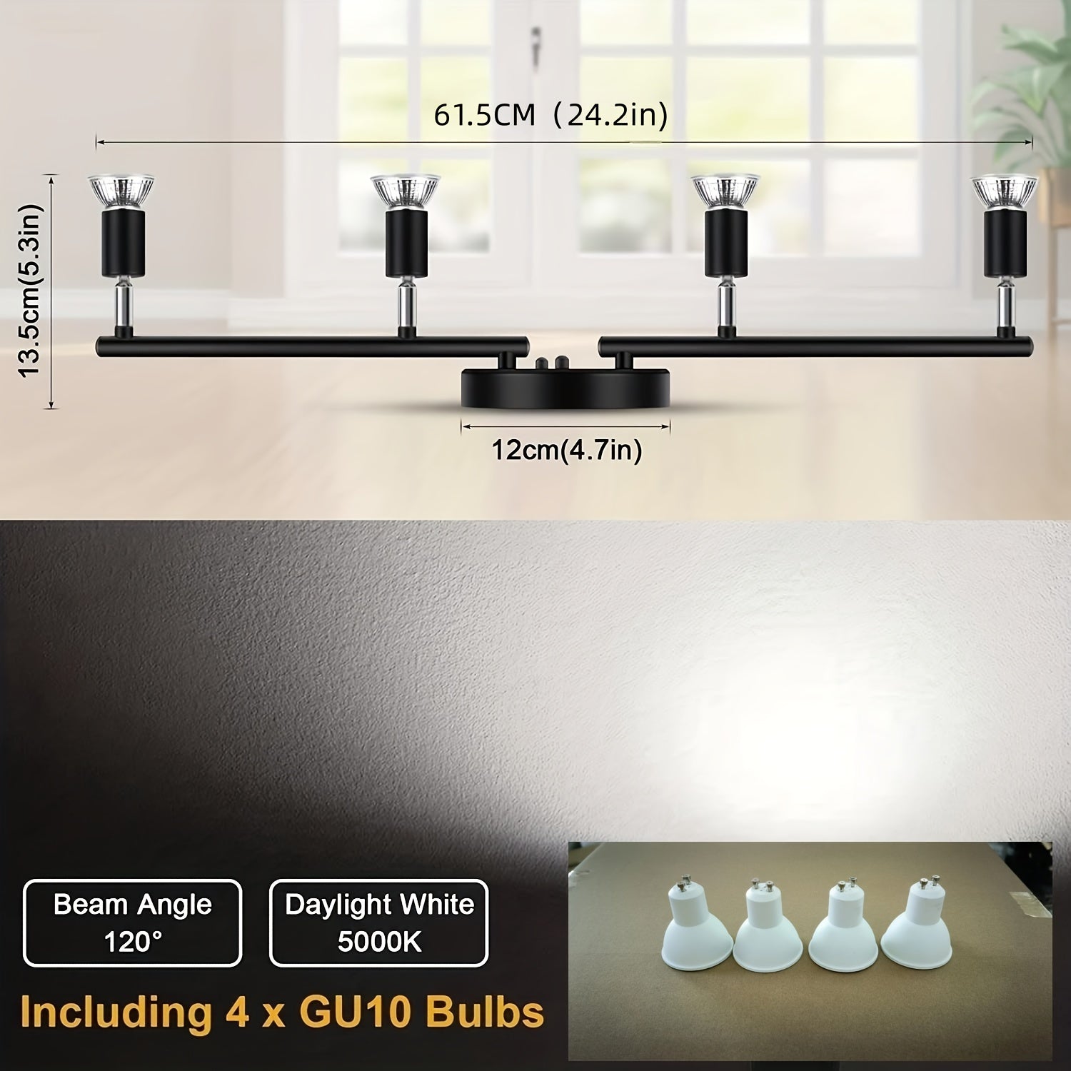 Kit de iluminación de riel, 1 pieza, brazo de riel ajustable con 4 cabezales, luz de techo direccional plegable con socket GU10, incluye focos, para cocina, dormitorio o sala de exhibición, lámpara de acento, color negro/níquel