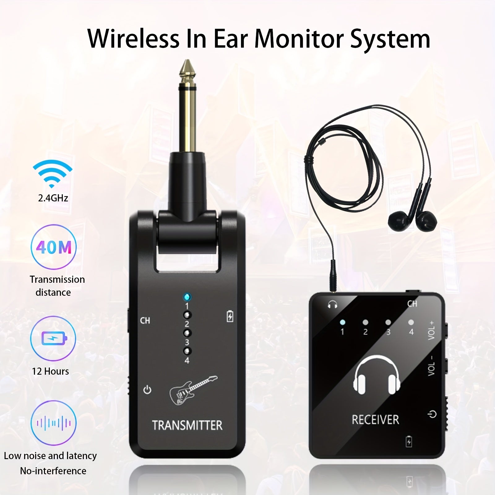 Sistema de monitorización inalámbrica en el oído, 2.4GHz IEM con transmisor y receptor de lavalier, carga USB, Plug and Play, bajo ruido, larga duración de la batería, para músicos, estudio, ensayo de banda, presentación en vivo - Resina ABS negra