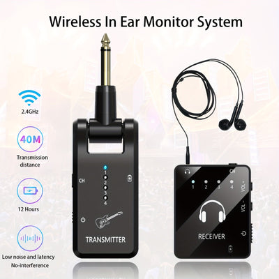 Sistema de monitorización inalámbrica en el oído, 2.4GHz IEM con transmisor y receptor de lavalier, carga USB, Plug and Play, bajo ruido, larga duración de la batería, para músicos, estudio, ensayo de banda, presentación en vivo - Resina ABS negra
