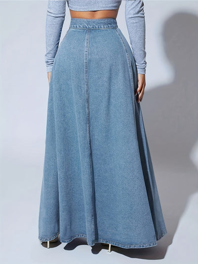 Falda de mezclilla de cintura alta para mujer con cierre frontal y bolsillos con solapa - Color azul claro, tejido no elástico, ideal para primavera/verano/otoño, ropa casual a semi-formal, atuendo casual | Falda con botones | Tejido no elástico