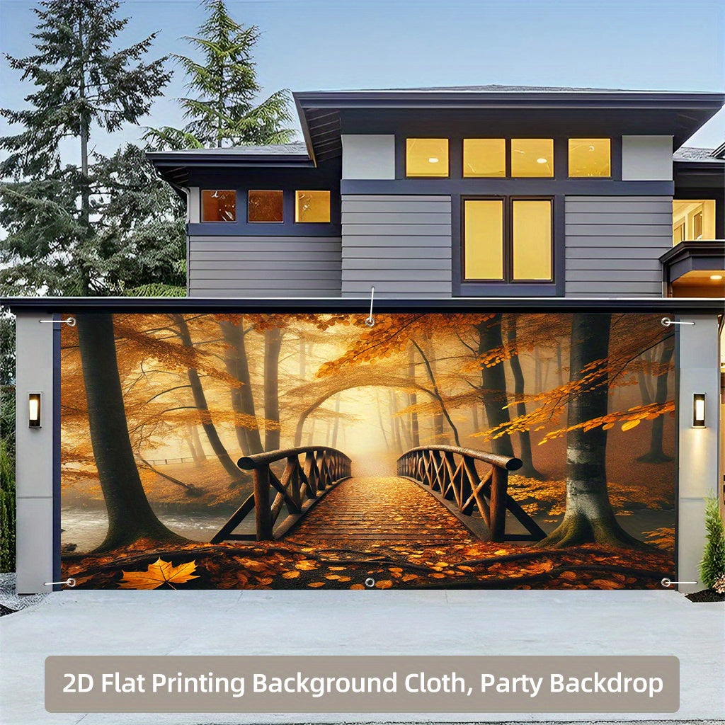 1pc Pancarta Extra Grande Puente del Bosque de Otoño - Decoración Dorada con Hojas, Fondo para Fiesta (398.78x180.34 cm) - Cubierta Lavable y Reutilizable para Garaje en Poliéster, Decoraciones para Cumpleaños/Gracias/Halloween - Banderín Colgante sin Ne