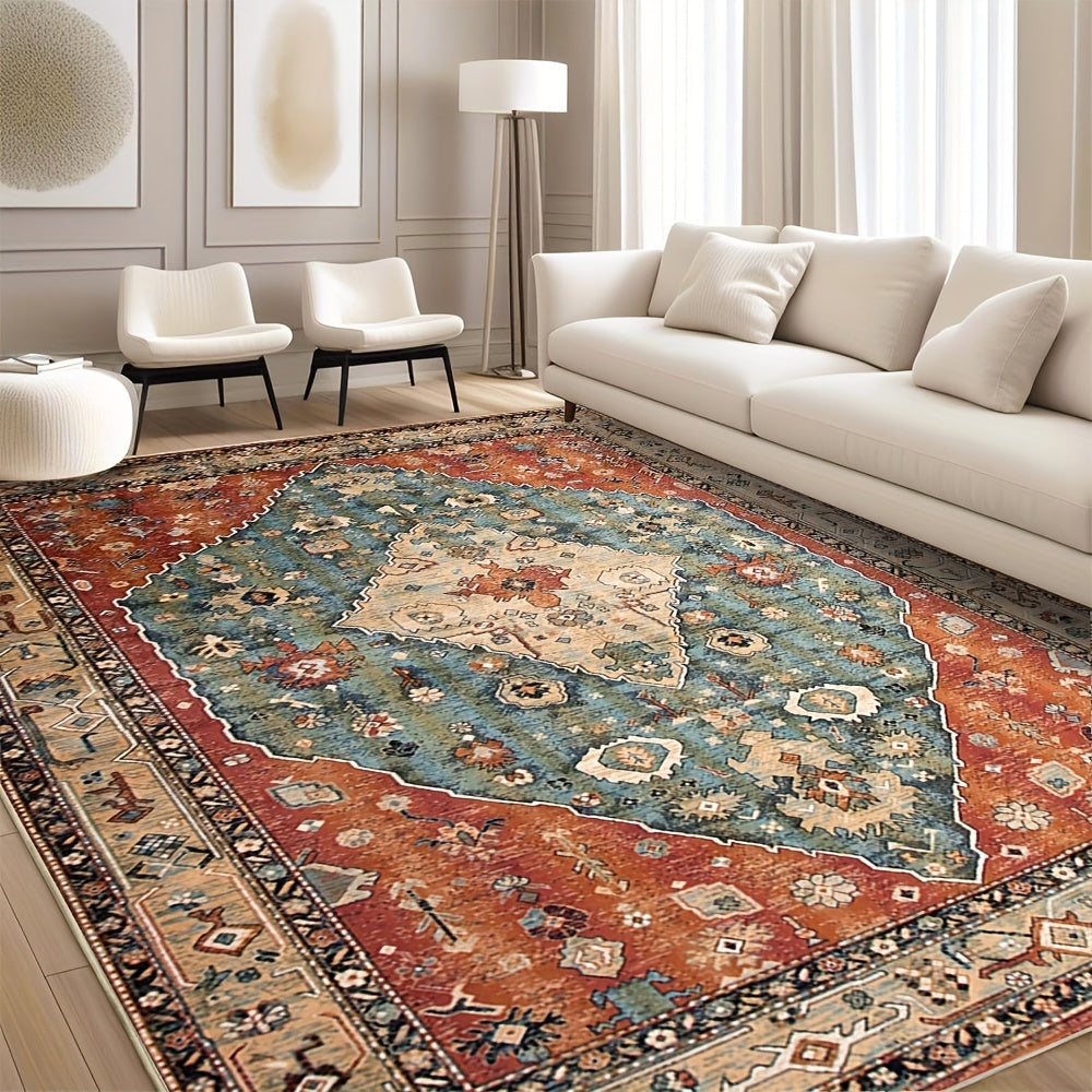 Alfombra de estilo persa lavable roja 850 g/m², estampado vintage para interiores, imitación antigua, peluche de alta calidad, gran área decorativa antimañanas para pasillos, dormitorios y cocinas