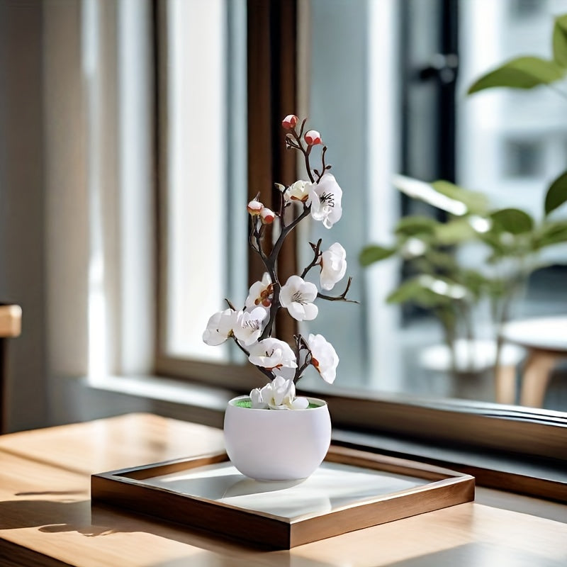1pc Planta Artificial de Flor de Ciruelo Elegante en Maceta Blanca Falsa - Flores Realistas para Decoración de Hogar y Jardín, Ideal para Navidad, Halloween, Pascua, Acción de Gracias, Día de la Madre - No Necesita Energía, Contenedor Incluido