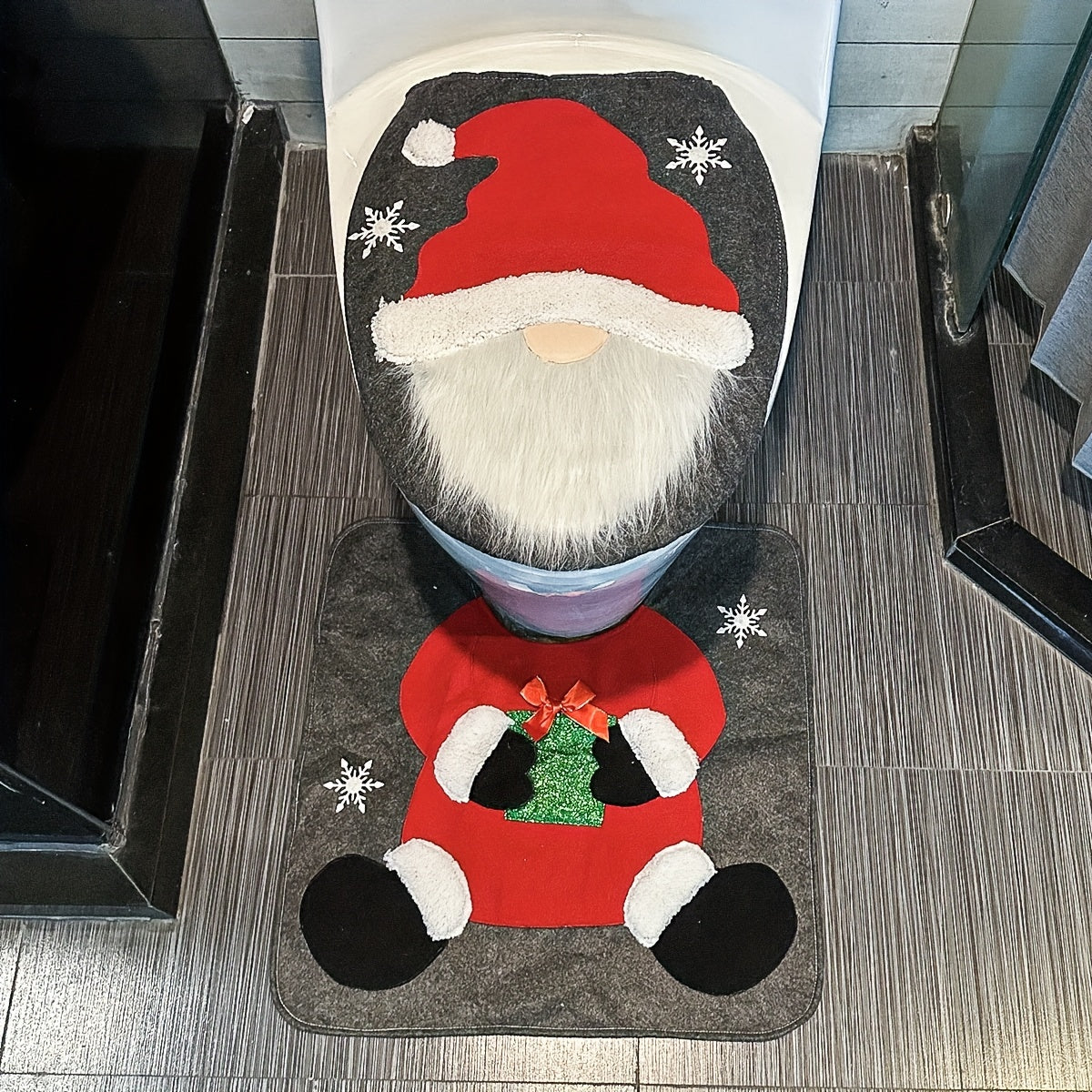 Juego de Cubierta de Asiento de Inodoro y Alfombra de Navidad de Dos Piezas con Enano de Santa - Decoraciones Navideñas - Decoración de Baño Estacional, Kit Creativo de Accesorios para el Hogar con Diseño Festivo