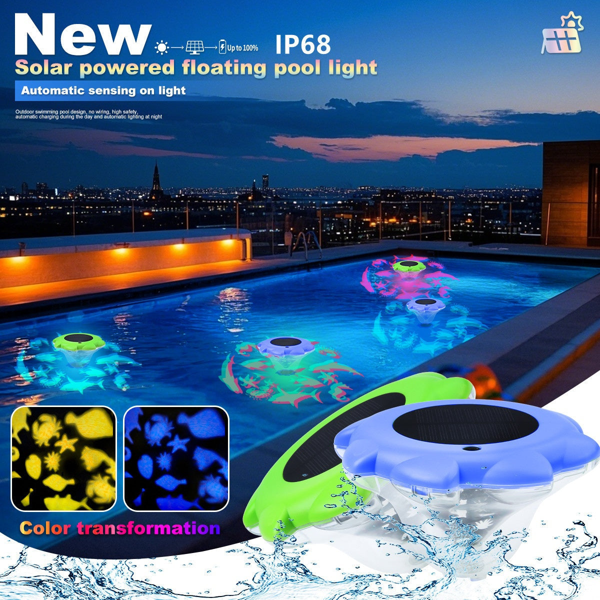 1 pieza de luz de piscina flotante alimentada por energía solar LED que cambia de color, lámpara de fuente para baño, piscina, estanque, fuente, decoración de césped de jardín IP68.