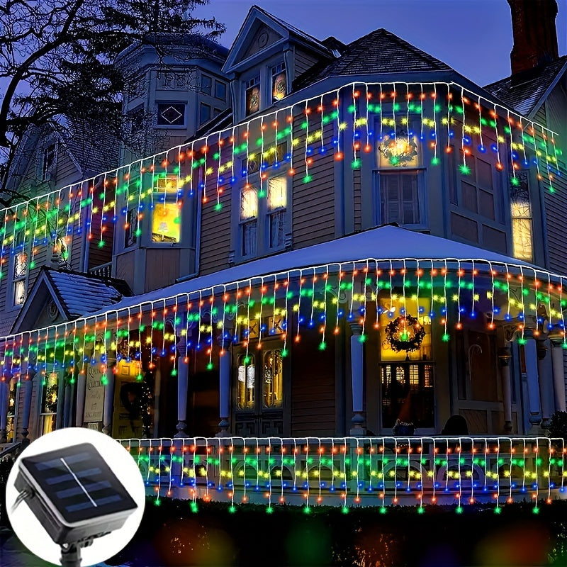 Luces de hielo alimentadas por energía solar, 96 LED, 8 modos, 4,2 metros de largo, multicolor (blanco, azul, verde, amarillo, rojo) para decoración de Navidad, vacaciones, bodas y fiestas en interiores y exteriores, impermeables IPX4, sensor inteligente