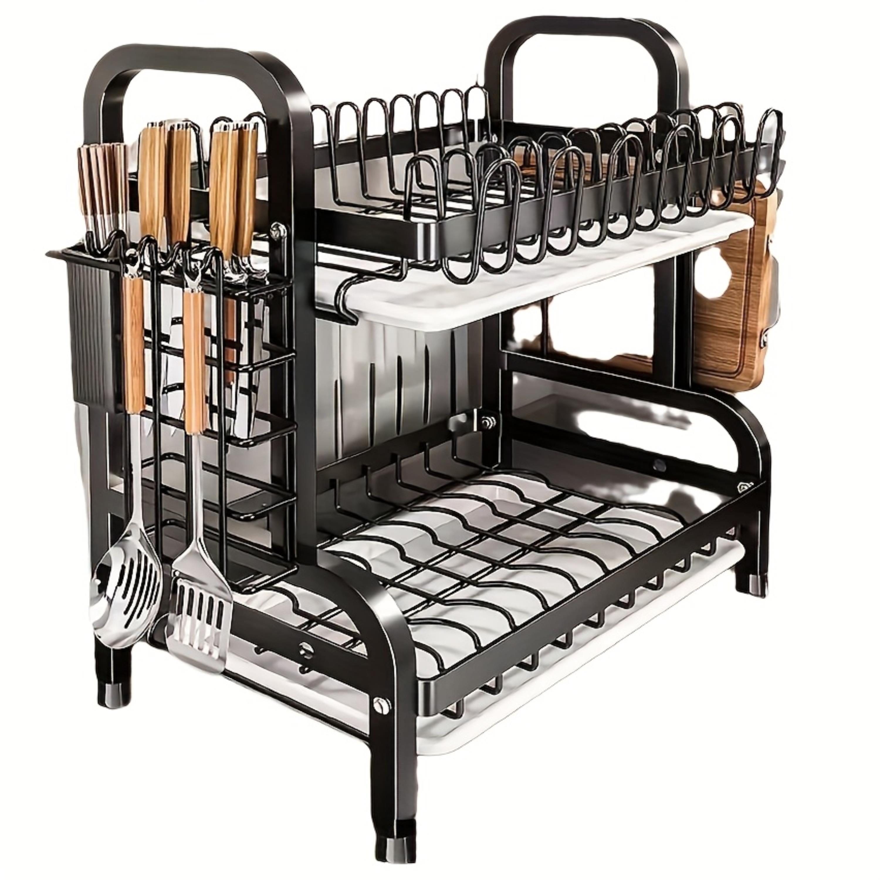 1 Gran Estantería de Almacenamiento de Doble Capa para Cocina, con Drenaje Rápido y Soporte para Cuchillos y Tenedores, Soporte para Tablas de Cortar, Sin Humedad, para Encimera Multifuncional, Adecuada para Tazas, Platos y Utensilios, etc. Estantería de