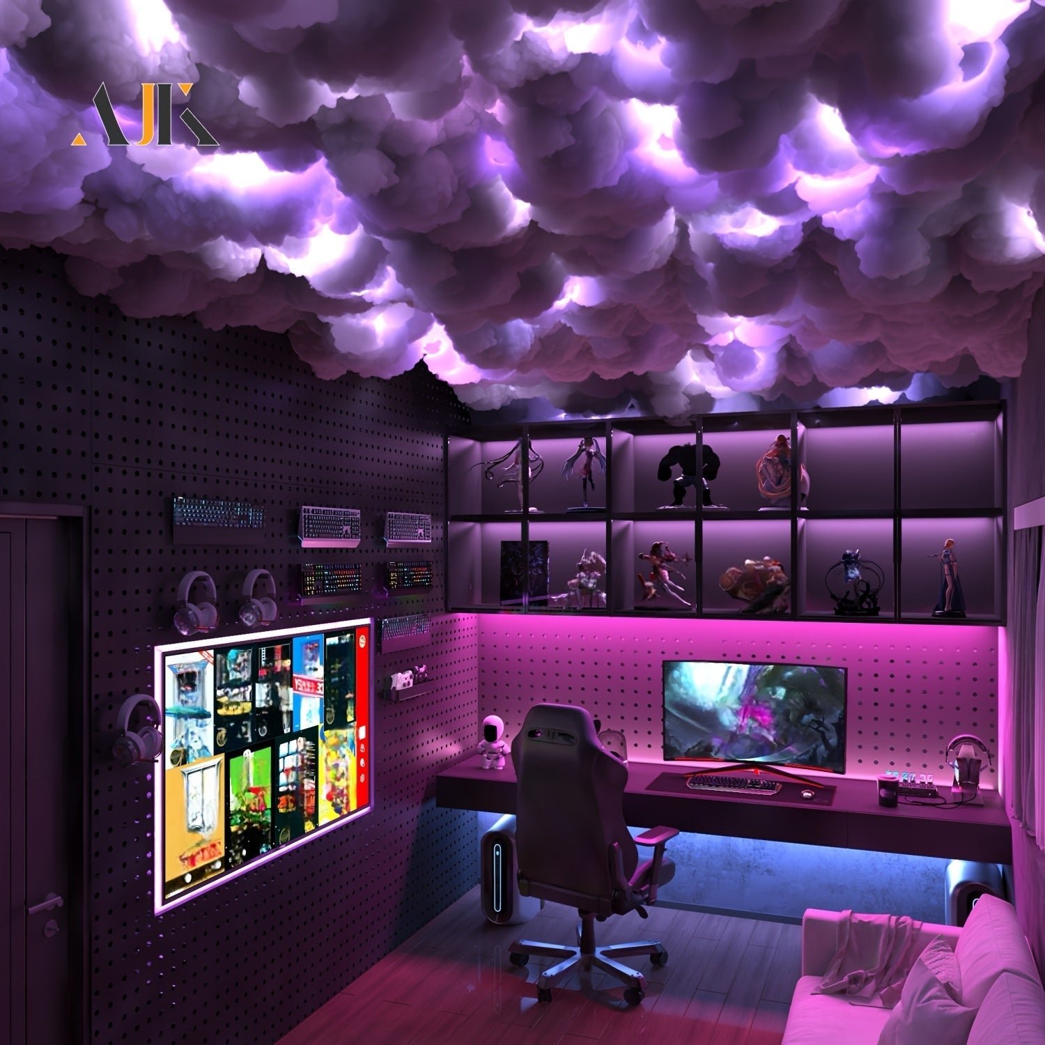Kit de luces de nube grande 3D AJK 6m, sincronización de música, blanco cálido, multicolor, cambio de luces de rayo, las decoraciones más frescas para el hogar, dormitorio, hotel, cafetería