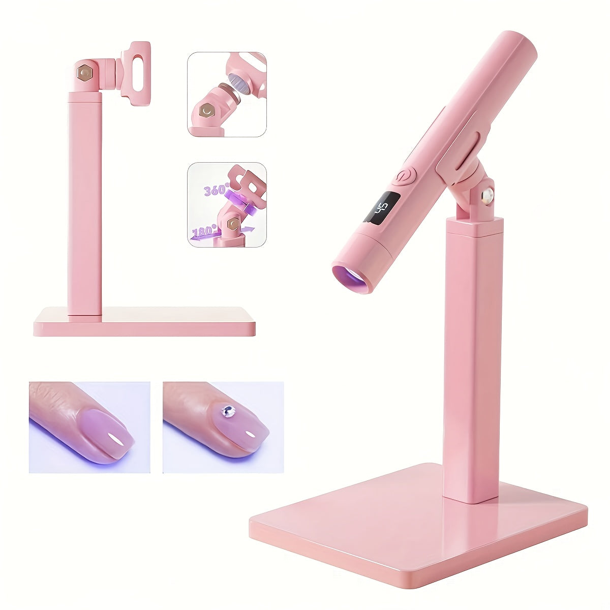Lámpara de curado de esmalte de uñas - con soporte giratorio de 360°, soporte portátil de doble propósito, función de temporización de pantalla digital, juego de lámpara de horneado de hojas de uñas multifuncional, lámpara de curado de esmalte de uñas |