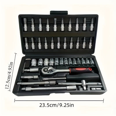 Juego de herramientas mecánicas para autos, 46 piezas, multifuncional con juegos de dados, llaves y trinquete, caja de herramientas resistente de metal con estuche de almacenamiento