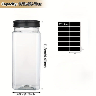 12/24 Paquete de Tarros de Plástico para Especias, 5.6 oz (Aproximadamente 160 g), Contenedores Cuadrados con Saleros y Pimenteros Reutilizables, Incluye Tapas Selladas, Etiquetas y Bolígrafos, Ideales para Especias, Hierbas, Polvos y Purpurina