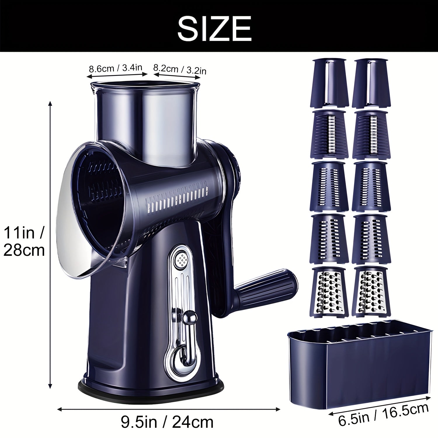 5 en 1, rallador de queso y cuchilla de verduras con mano de viento, cuchillas intercambiables de acero inoxidable, base de succión fuerte, fácil de limpiar, regalo ideal para la cocina, azul marino