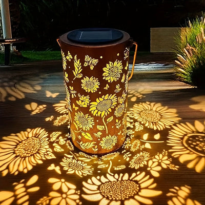 Iluminación ambiental decorativa para jardín con arte de hierro alimentado por energía solar y proyección de girasoles - Lámpara solar exterior de montaje semienterrado, luz cálida amarilla, carga de batería solar, decoraciones solares, decoración solar,