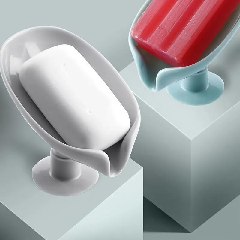 Plato de jabón con diseño de hojas de secado rápido con ventosa - Sin taladro, fácil instalación, sin acumulación de agua, soporte de jabón de plástico duradero para baño y cocina, soporte de jabón de ducha