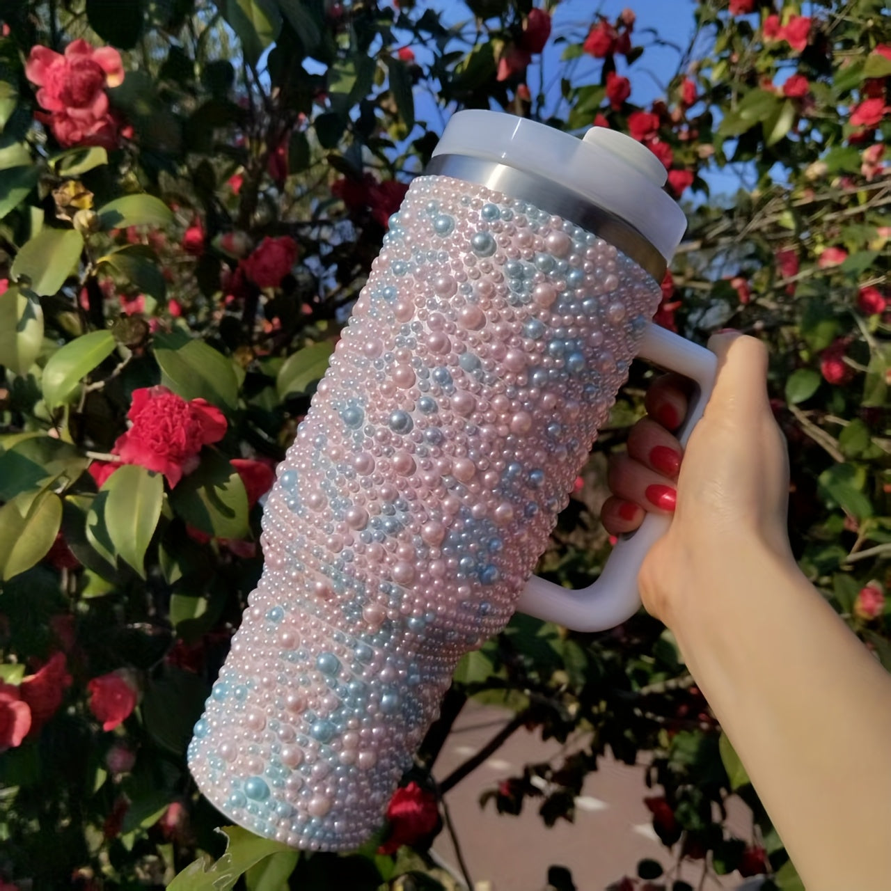 Térmico de acero inoxidable con incrustaciones de perlas, 40 oz, con asa y popote, gran capacidad, reutilizable, solo lavado a mano, ideal para el auto, viajes y días festivos